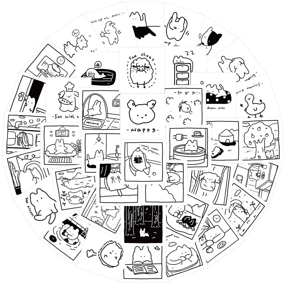 40PCS Cartoon Black And White Sketch Doodle Stickers Personality Fashion Creative DIY Fine Decorative Stickers Skateboard Refrigerator Water Cup Helmet Guitar Popular Decals Toys