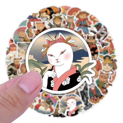 50 pieces of cartoon, anime, samurai cat graffiti stickers, personalized, fashionable and creative DIY decorative stickers, guitar, computer, skateboard, helmet, popular decal toys