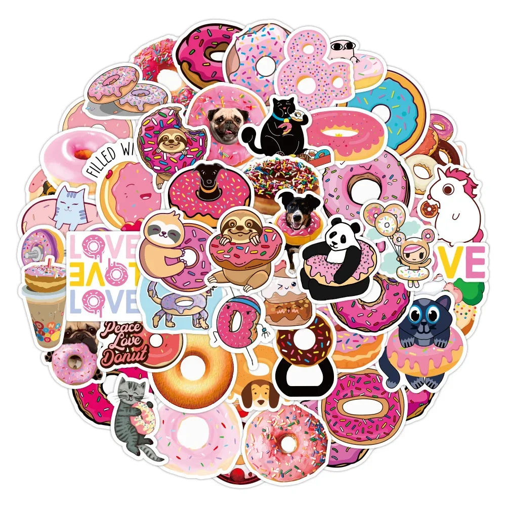 50PCS Cartoon Donut Food Cute Creative Doodle Sticker Bicycle Skateboard DIY Water Cup Car Guitar Laptop Computer