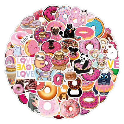50PCS Cartoon Donut Food Cute Creative Doodle Sticker Bicycle Skateboard DIY Water Cup Car Guitar Laptop Computer