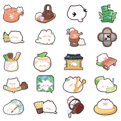 40PCS Cartoon Bamboo Grove Tea House Doodle Stickers Exquisite Creative DIY Journal Decorative Decals Suitable for Notebooks, Phone Cases, Skateboards, Water Bottles, and Stationery Boxes