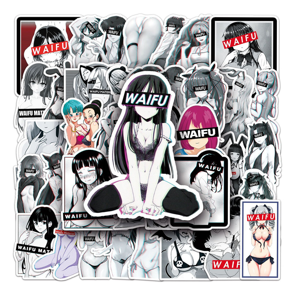 50PCS Cartoon Black & White Waifu Girl Doodle Stickers for Phone Cases, Skateboards, DIY, Waterproof Luggage, Reward Decals, Toys