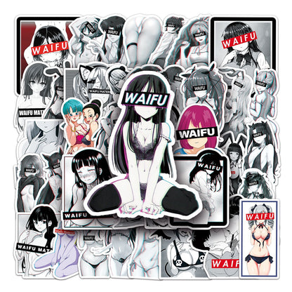 50PCS Cartoon Black & White Waifu Girl Doodle Stickers for Phone Cases, Skateboards, DIY, Waterproof Luggage, Reward Decals, Toys