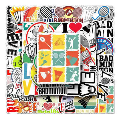 50PCS Badminton Sport Stickers - Racket & Shuttlecock Decals for Water Bottles, Laptops, Gym Bags & Sports Fan Gifts