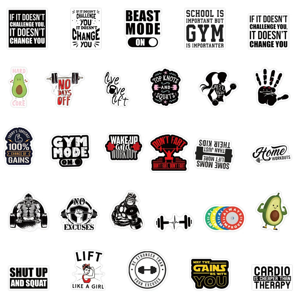 50PCS Cute Fitness Text Inspirational Graffiti Waterproof Sticker Creative Decoration Personality CupHelmetGuitar