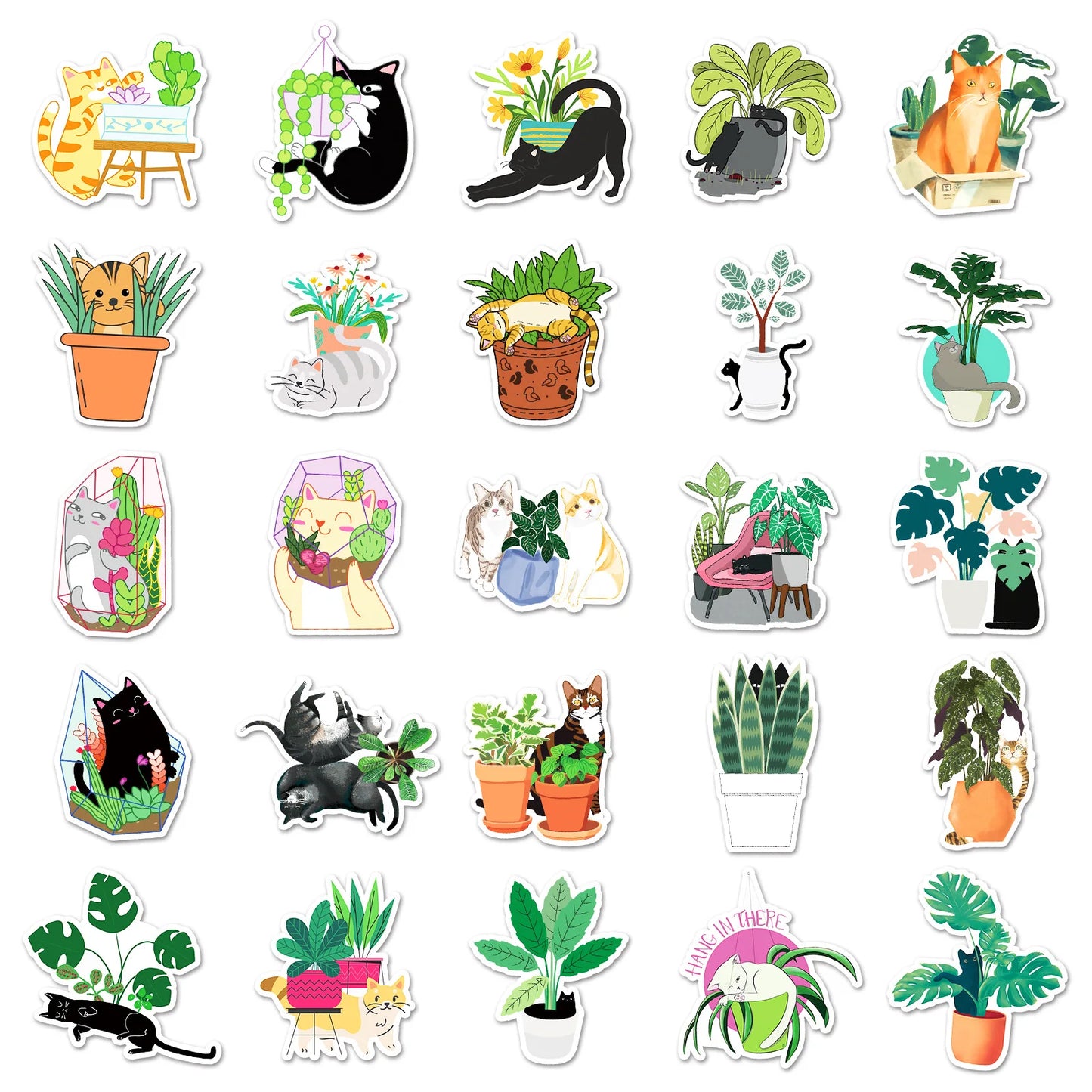 50PCS Cartoon Cats and Plants Stickers Graffiti iPad Desk Notebook Helmet Car  Pattern Scrapbook Toys Decoration