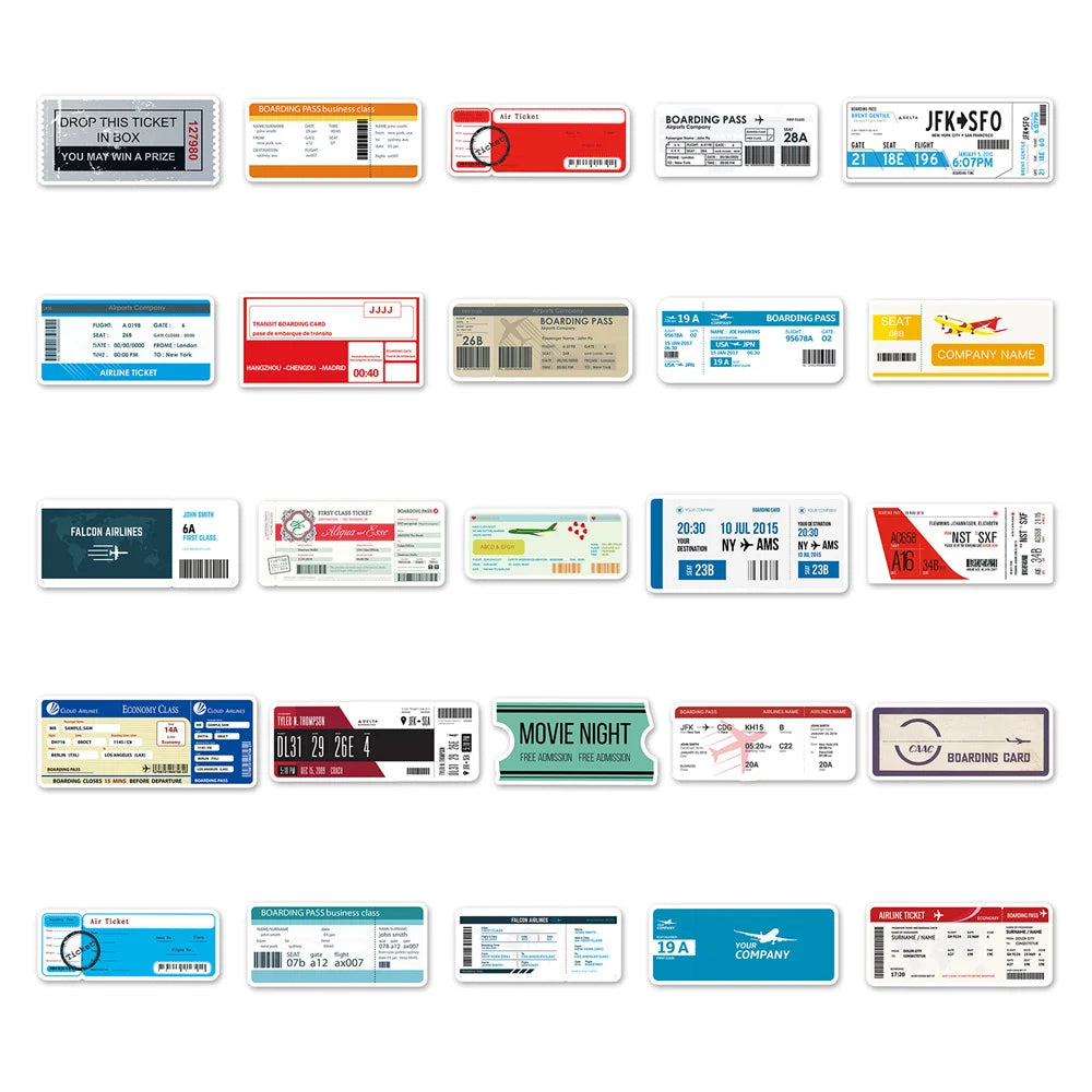 52PCS Ins Style Boarding Pass Graffiti Stickers Personalized Creative DIY Decorative Stickers Refrigerator Luggage Guitar Helmet Fashion Popular Exquisite Gift Decals Toys