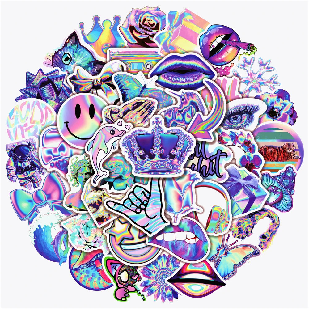 50PCS Cartoon CreativeHolographic Laser Graffiti Stickers Bicycle Scooter Car Helmet Notebook Computer