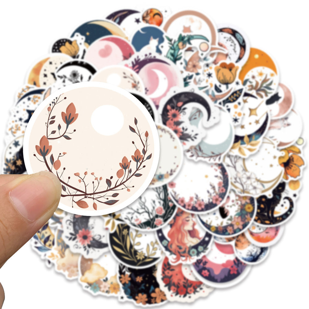 50PCS Moon & Cat Doodle Stickers - Celestial Night Adventure Vinyl Decals for Journals, Dream Catcher Kits & Cozy Bedroom Decor