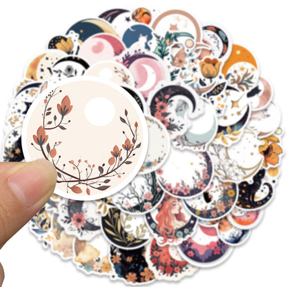 50PCS Moon & Cat Doodle Stickers - Celestial Night Adventure Vinyl Decals for Journals, Dream Catcher Kits & Cozy Bedroom Decor