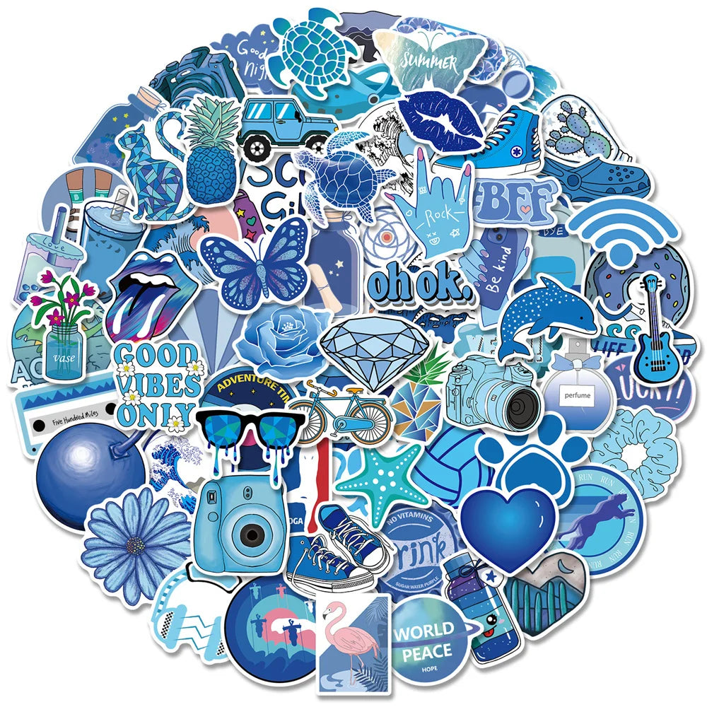 100PCS Blue Small Fresh Mix Graffiti Stickers Personalized Fashion Creative Trend DIY Decorative Stickers Refrigerator Helmet Guitar Skateboard Popular Decals Toys