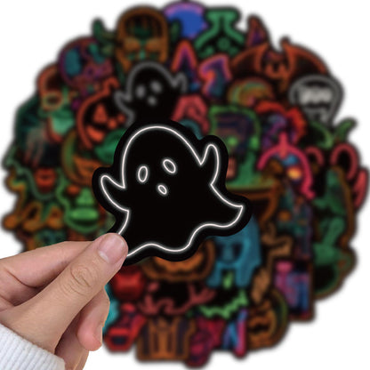 50PCS Neon Halloween Stickers, Glow-in-the-Dark Cartoon Doodles for Party Decor, Laptops, and Festive Vibes