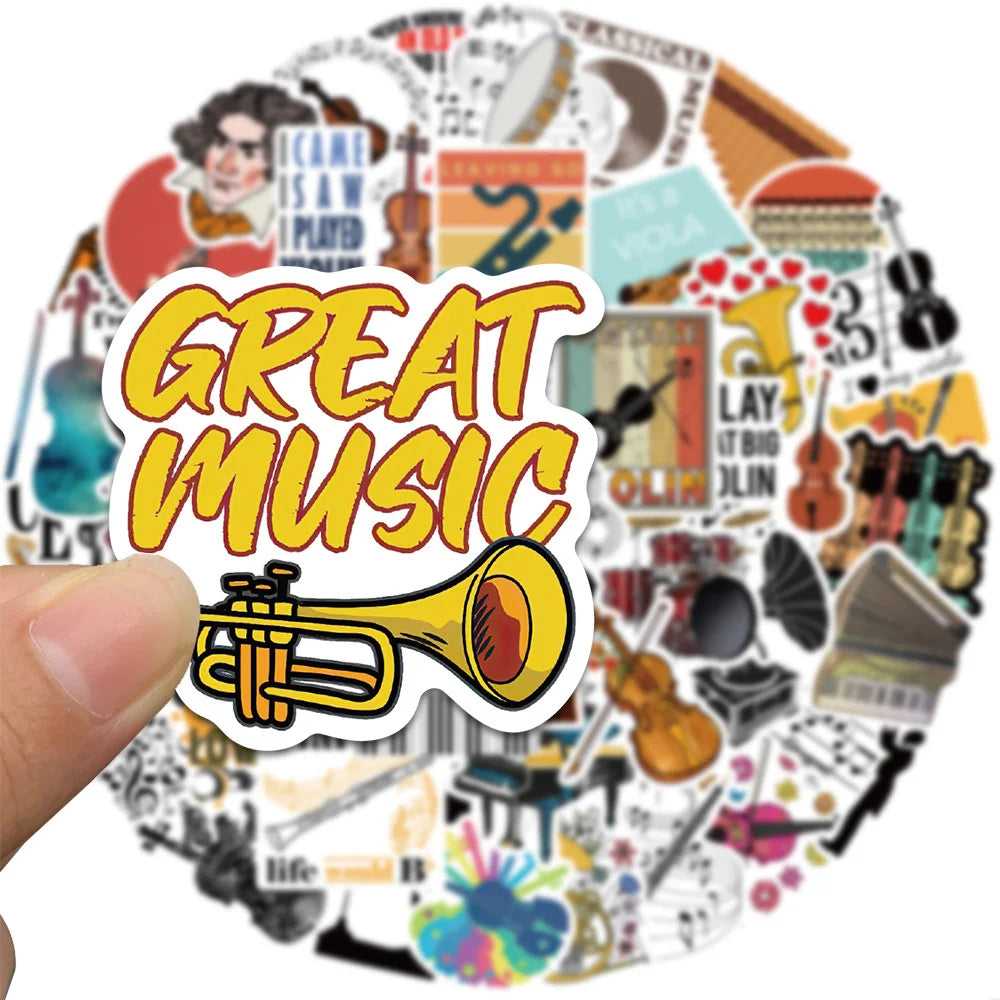 52 pieces of orchestral instrument graffiti stickers, personalized, fashionable, creative, fresh and exquisite decorative, creative decal helmet, skateboard, water cup, guitar, popular sticker toys