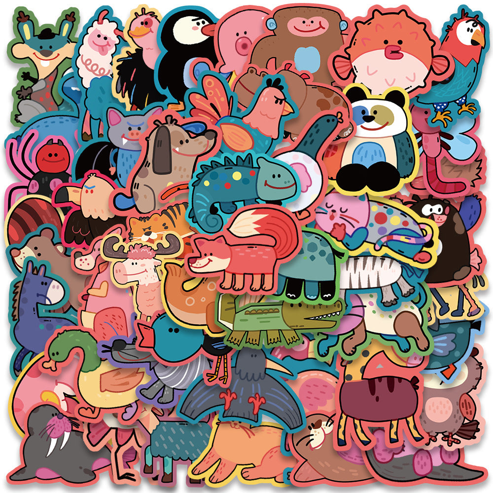 50PCS Cartoon Cute Animal Doodle Stickers Exquisite, Fashionable, Creative DIY Journal Decorations Suitable for Skateboards, Guitars, Laptops, Helmets, and Stationery Boxes
