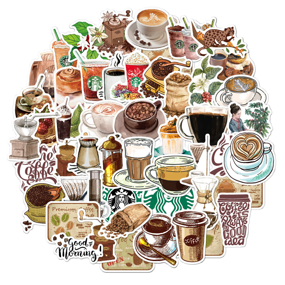 50PCS Cartoon Retro Coffee Doodle Stickers - Exquisite DIY Journal Decor Decals for Bags, Skateboards, Refrigerators, Computers, Helmets, and Stationery Boxes