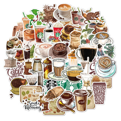 50PCS Cartoon Retro Coffee Doodle Stickers - Exquisite DIY Journal Decor Decals for Bags, Skateboards, Refrigerators, Computers, Helmets, and Stationery Boxes