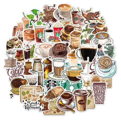 50PCS Cartoon Retro Coffee Doodle Stickers - Exquisite DIY Journal Decor Decals for Bags, Skateboards, Refrigerators, Computers, Helmets, and Stationery Boxes