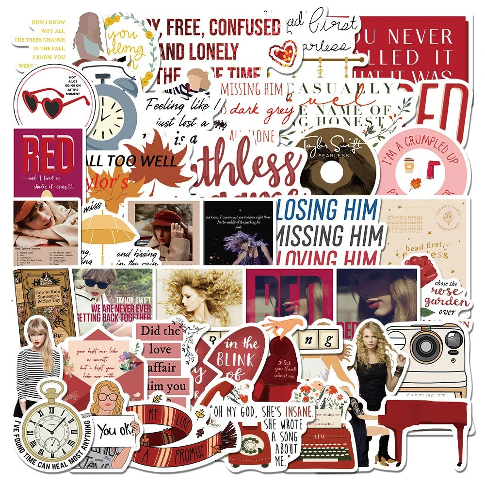 50PCS Red Fearless Taylor Cartoon Sticker for Luggage Laptop IPad Skateboard Gift Cup Journal Waterproof Sticker