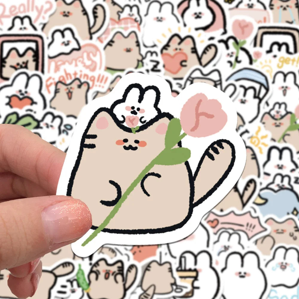 60PCS of cute cartoon cat and rabbit graffiti stickers, personalized, fashionable and creative DIY exquisite decorative stickers, laptop, toy, skateboard, luggage, mobile phone, helmet and popular stickers