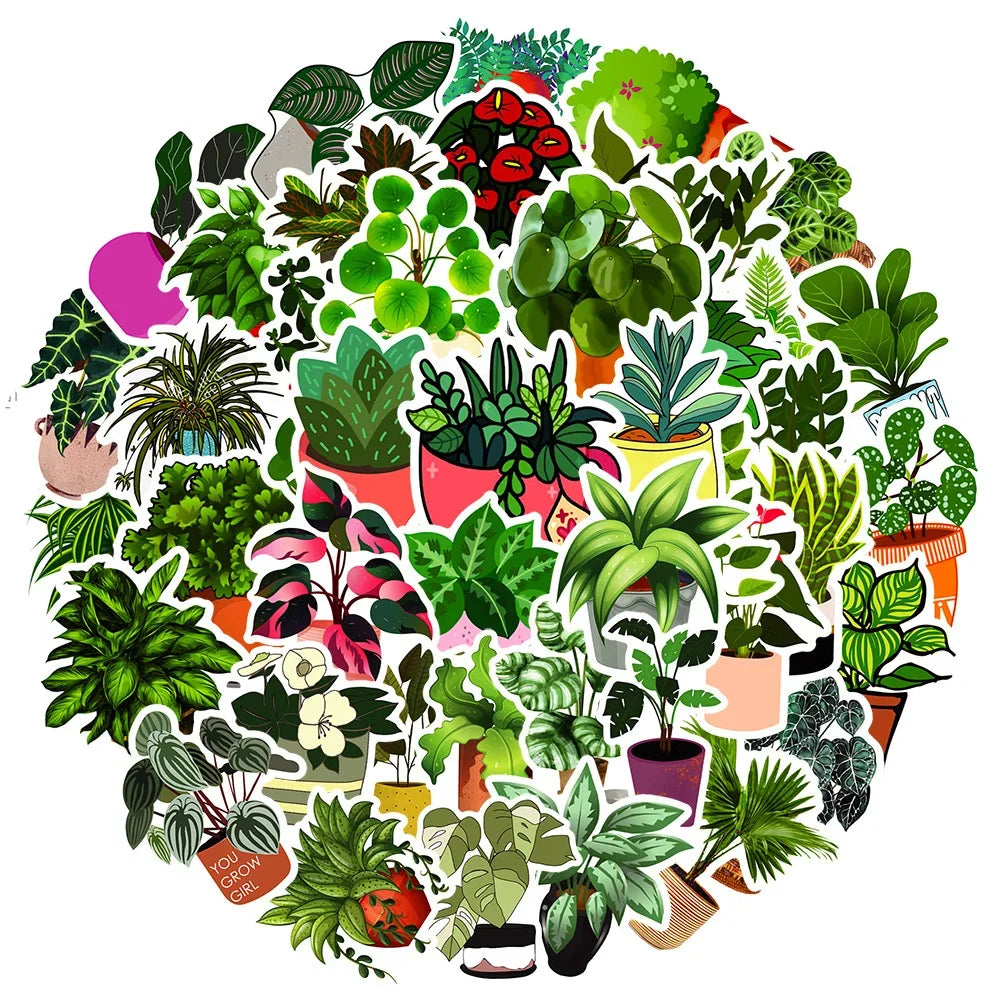 50PCS Potted Plant Cartoon Graffiti Waterproof Sticker Creative Decoration Refrigerator Skateboard DIYGuitar Cup