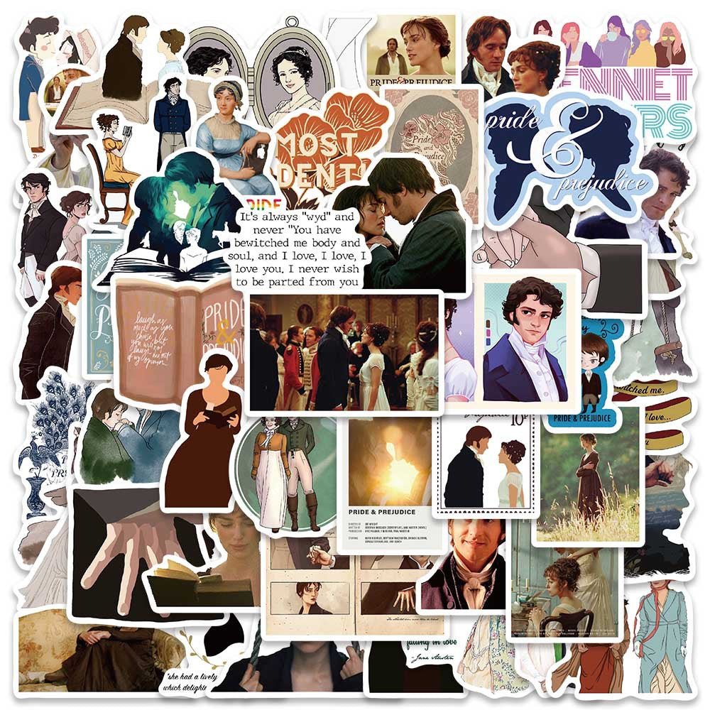 50PCS Pride and Prejudice Doodle Stickers for Film & TV Merchandise Exquisite Creative DIY Journal Decor Decals Suitable for Desks, Chairs, Skateboards, Water Bottles, Helmets, Guitars, and Stationery Cases