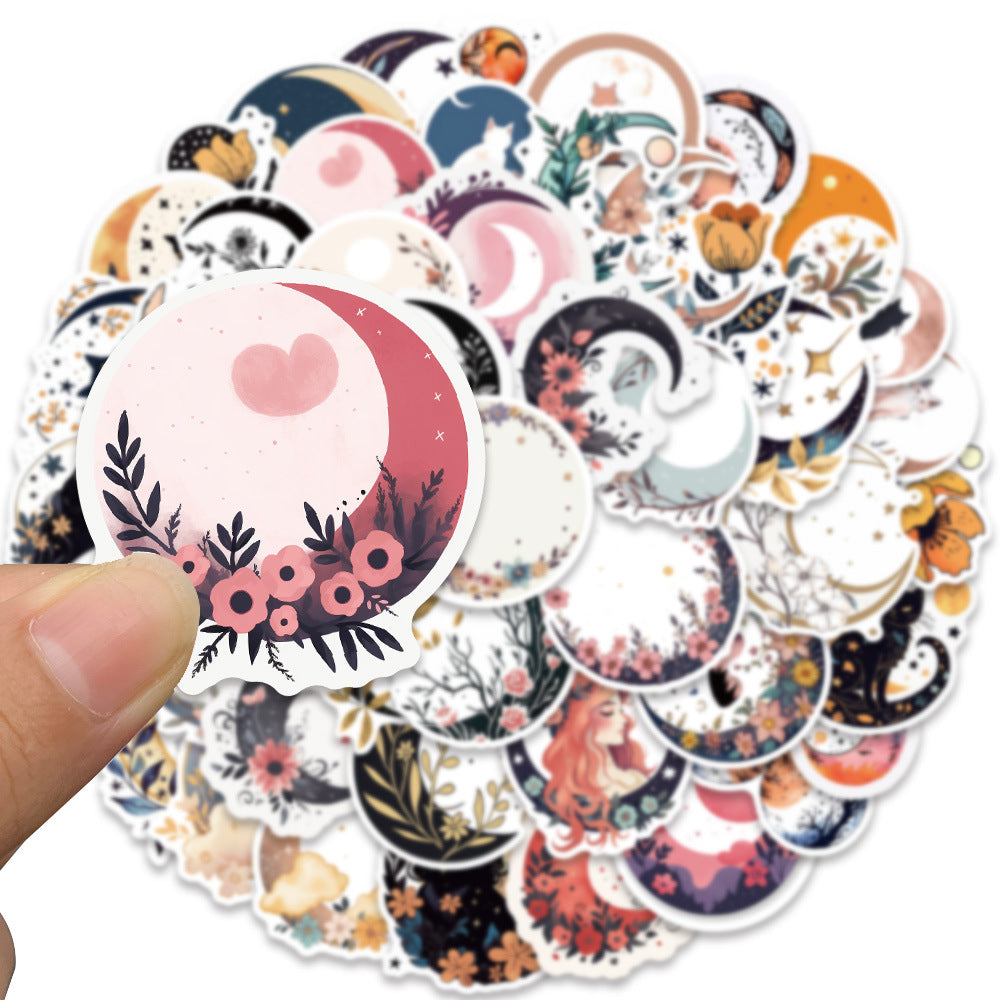 50PCS Moon & Cat Doodle Stickers - Celestial Night Adventure Vinyl Decals for Journals, Dream Catcher Kits & Cozy Bedroom Decor