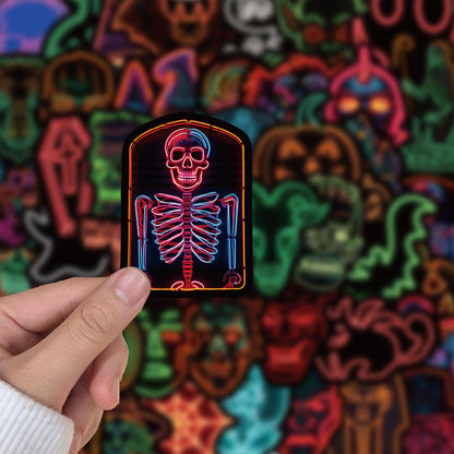 50PCS Neon Halloween Stickers, Glow-in-the-Dark Cartoon Doodles for Party Decor, Laptops, and Festive Vibes
