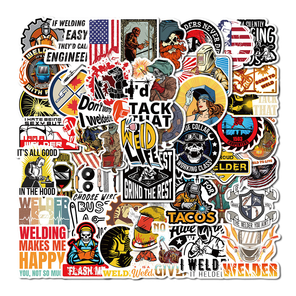 50PCS Welding Doodle Stickers, Arc Welder & Spark Cartoon Decals for Makers, Metalworkers, and Toolbox Vibes