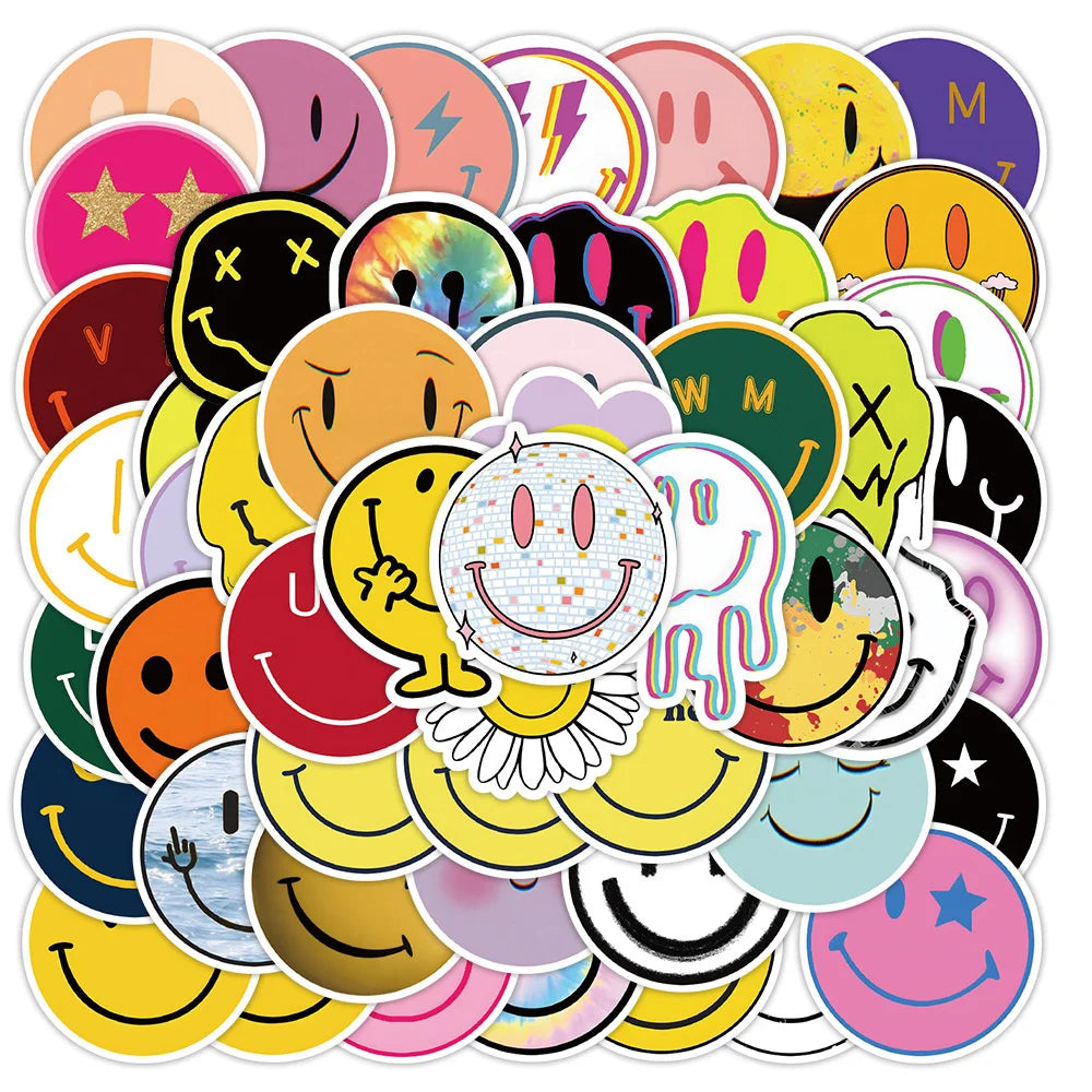 50PCS cartoon smiley face emoji graffiti stickers, personalized fashion and creative trend exquisite decorative stickers, luggage toys, laptops, ipads, skateboards, popular stickers