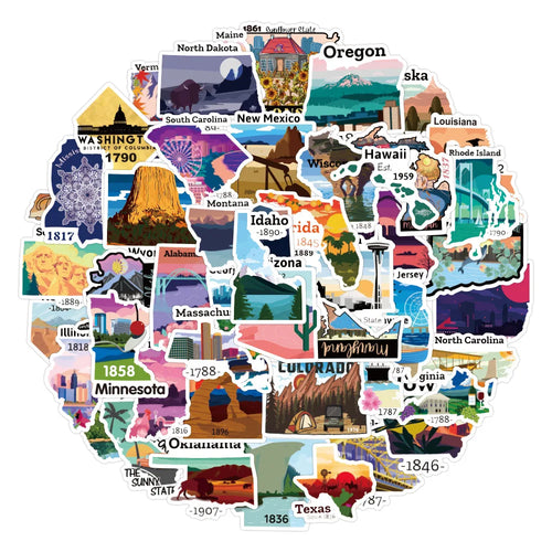 50PCS US State Map Sign Cartoon Graffiti Sticker Cup Laptop Luggage Children Toys Waterproof Exquisite Stickers