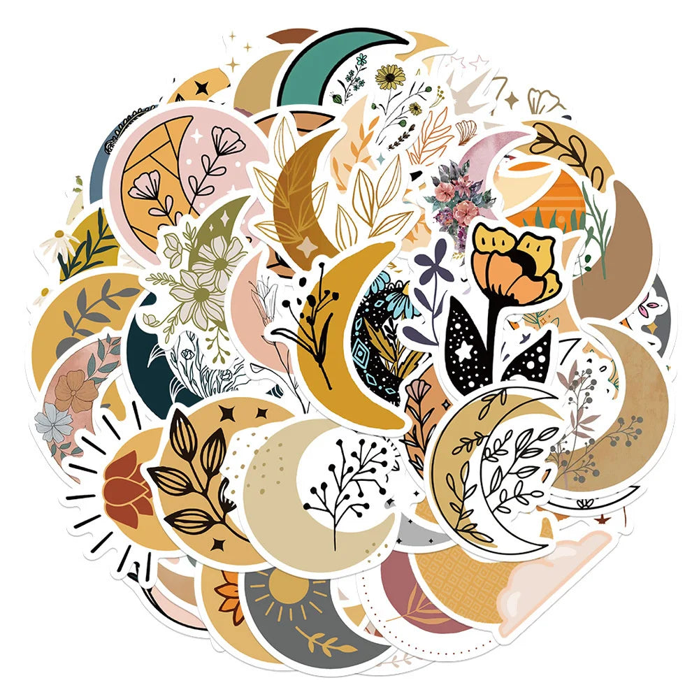50PCS of cartoon moon and flower fresh graffiti stickers, personalized, fashionable and creative DIY decorative stickers, toys, laptops, ipads, guitars, helmets, refrigerators, and popular stickers