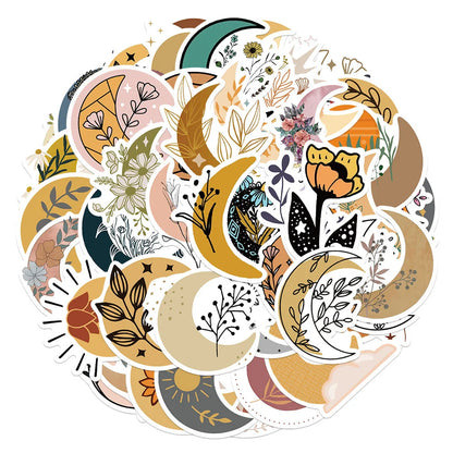 50PCS of cartoon moon and flower fresh graffiti stickers, personalized, fashionable and creative DIY decorative stickers, toys, laptops, ipads, guitars, helmets, refrigerators, and popular stickers