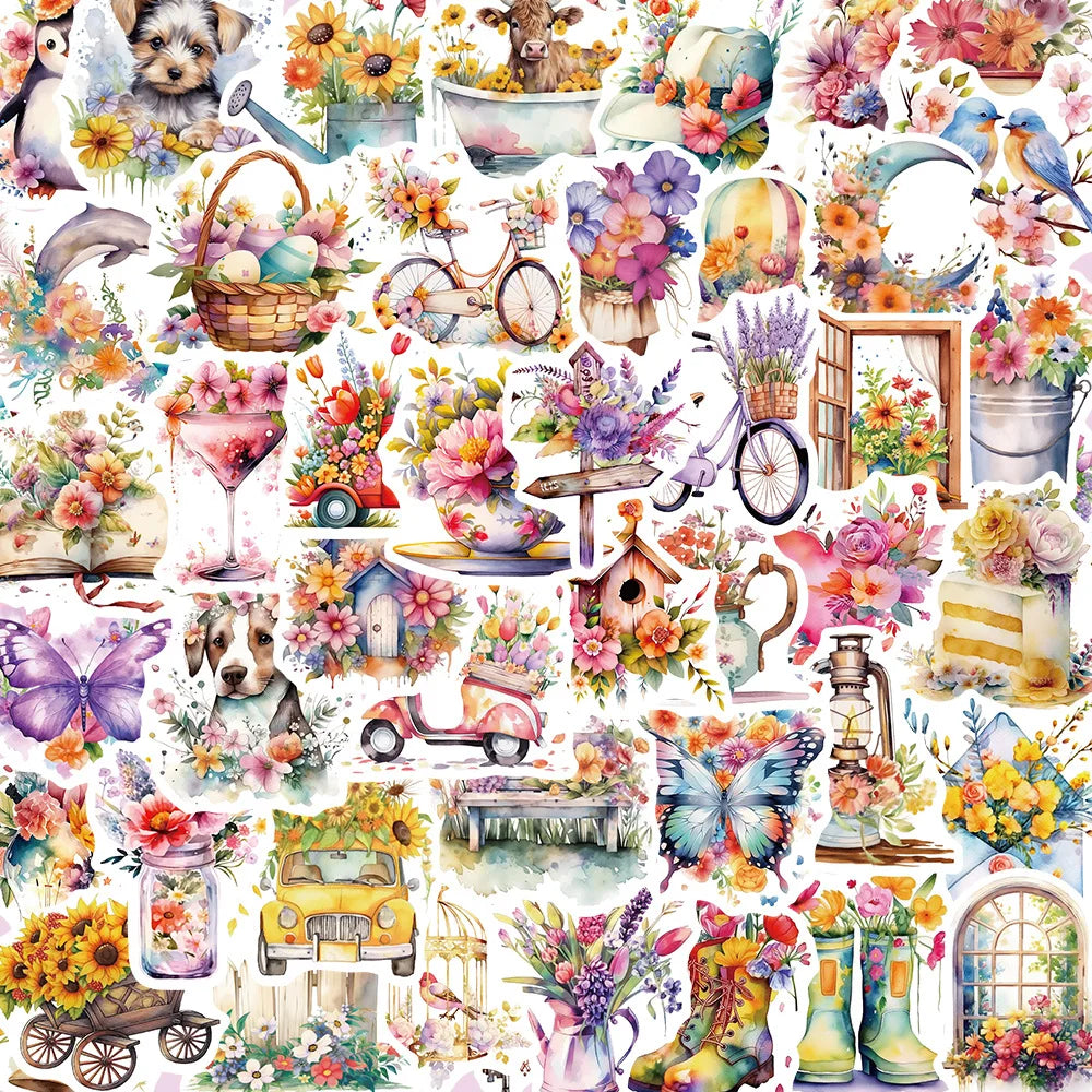 50PCS Retro Flowers & Objects Stickers - Vintage Botanical Decals for Journals, Laptops, Water Bottles & Aesthetic Crafting