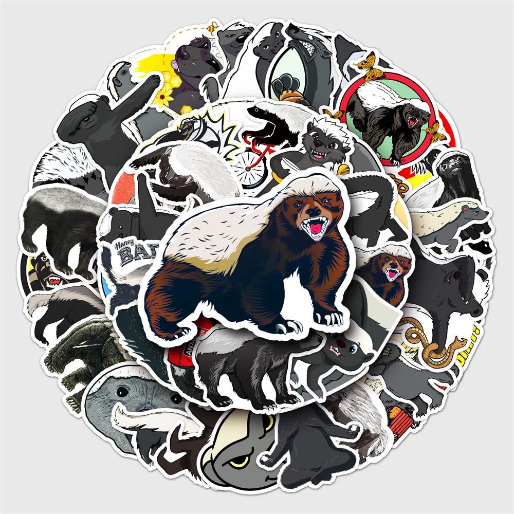 50PCS Cartoon Honey Badger Animal Doodle Stickers Exquisite, Fashionable, Creative DIY Journal Stickers Suitable for Luggage, Laptops, Guitars, Skateboards, Helmets, and Stationery Boxes