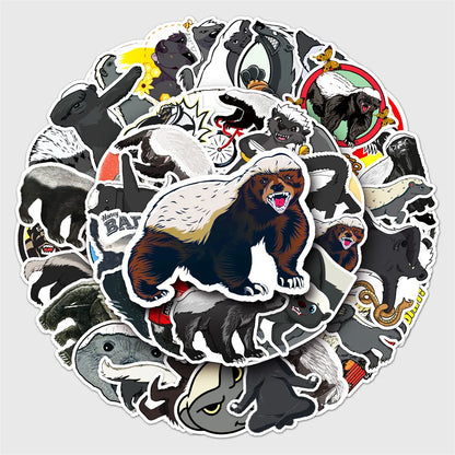 50PCS Cartoon Honey Badger Animal Doodle Stickers Exquisite, Fashionable, Creative DIY Journal Stickers Suitable for Luggage, Laptops, Guitars, Skateboards, Helmets, and Stationery Boxes