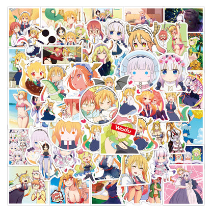 50PCS Japanese Anime Dragon Maid Character Doodle Stickers Perfect for Luggage, Laptop Cases, Phone Cases, Journals, and Beautiful DIY Planner Decorations