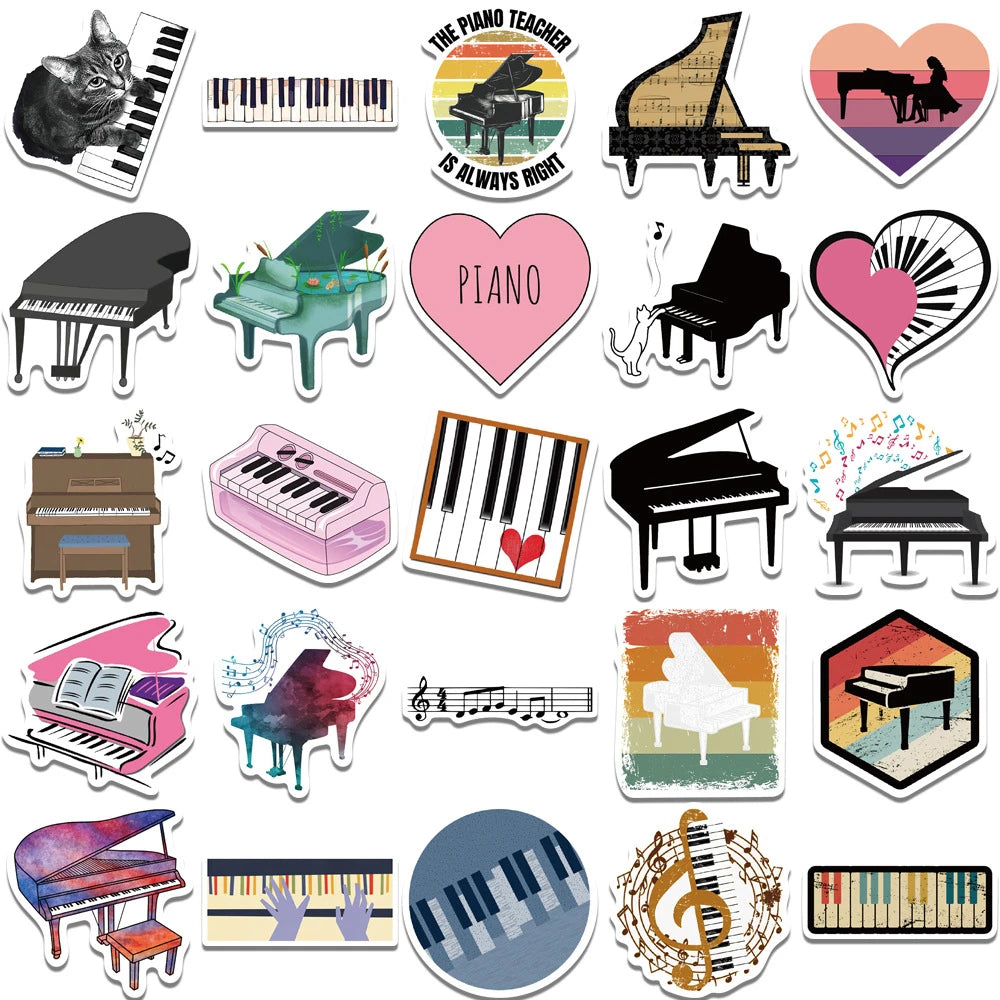 50PCS cartoon piano instrument creative decorative style graffiti stickers, personalized and fashionable creative DIY exquisite decorative decals, water cups, helmets, skateboards, popular sticker toys