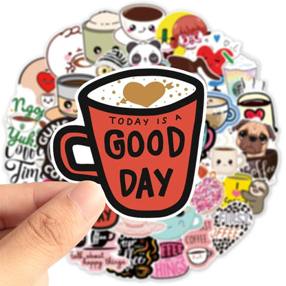 50 pieces of cartoon coffee personalized graffiti stickers, personalized fashion and creative DIY trend decorative stickers, suitable for refrigerator, guitar, helmet, skateboard, popular and exquisite decal toys