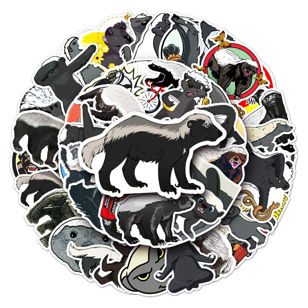 50PCS Cartoon Honey Badger Animal Doodle Stickers Exquisite, Fashionable, Creative DIY Journal Stickers Suitable for Luggage, Laptops, Guitars, Skateboards, Helmets, and Stationery Boxes