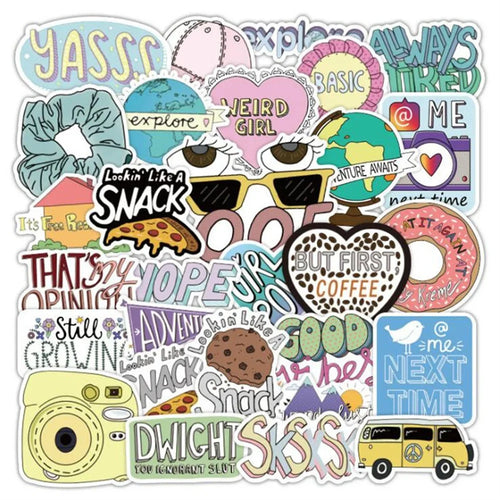 50PCS  Cartoon Small Fresh Letters Notebook Graffiti Suitcase Skateboard Decoration Waterproof Stickers Cup  Guitar