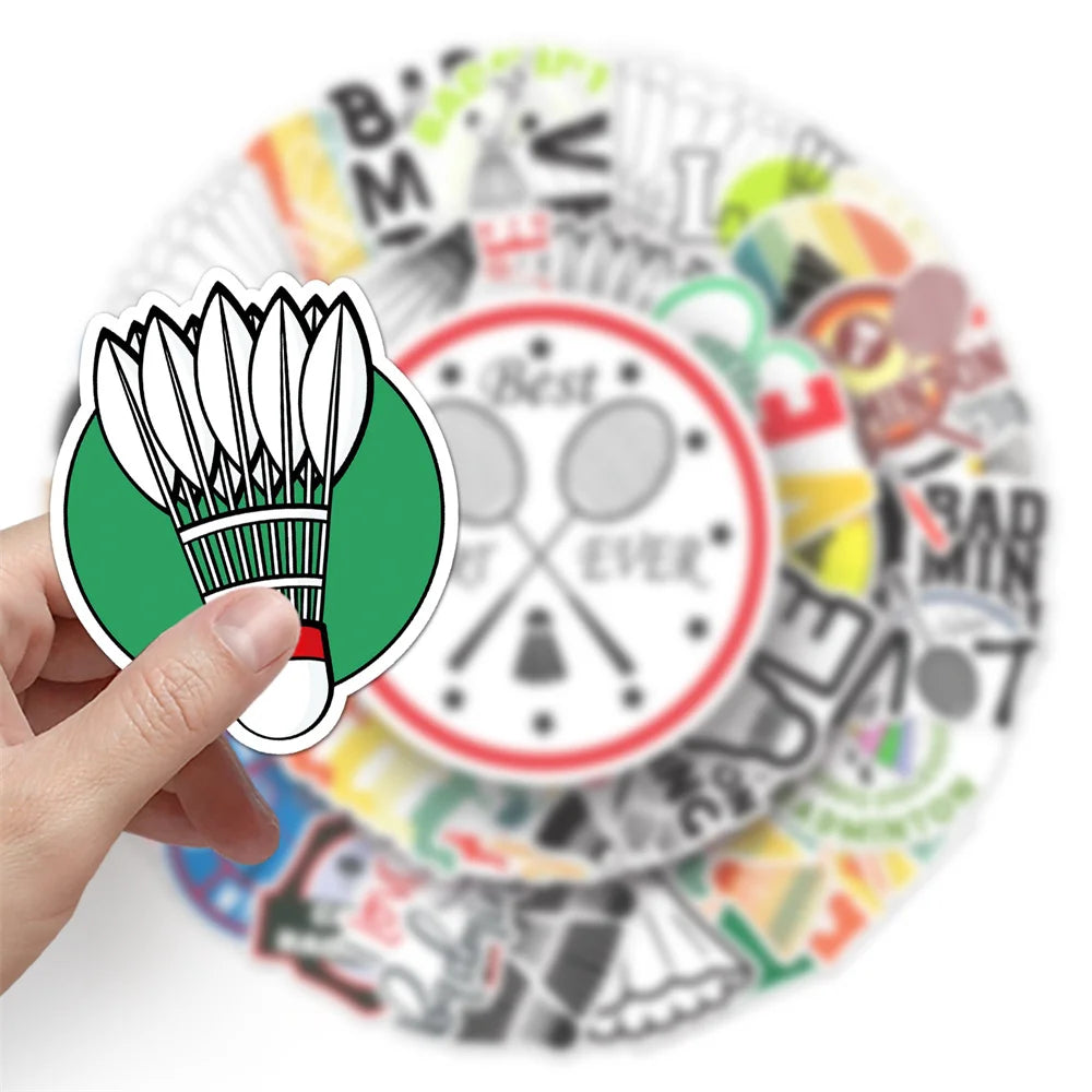 50PCS Badminton Sport Stickers - Racket & Shuttlecock Decals for Water Bottles, Laptops, Gym Bags & Sports Fan Gifts