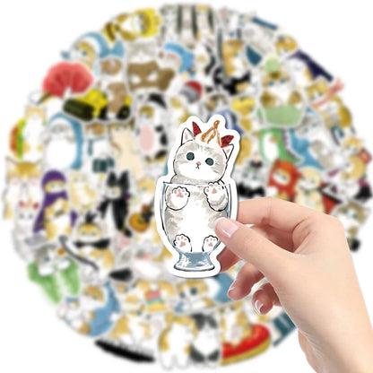 50 pieces of cute cartoon ink cat graffiti stickers, personalized DIY creative trend decoration refrigerator helmet guitar, laptop computer phone case, suitcase decoration sticker toys