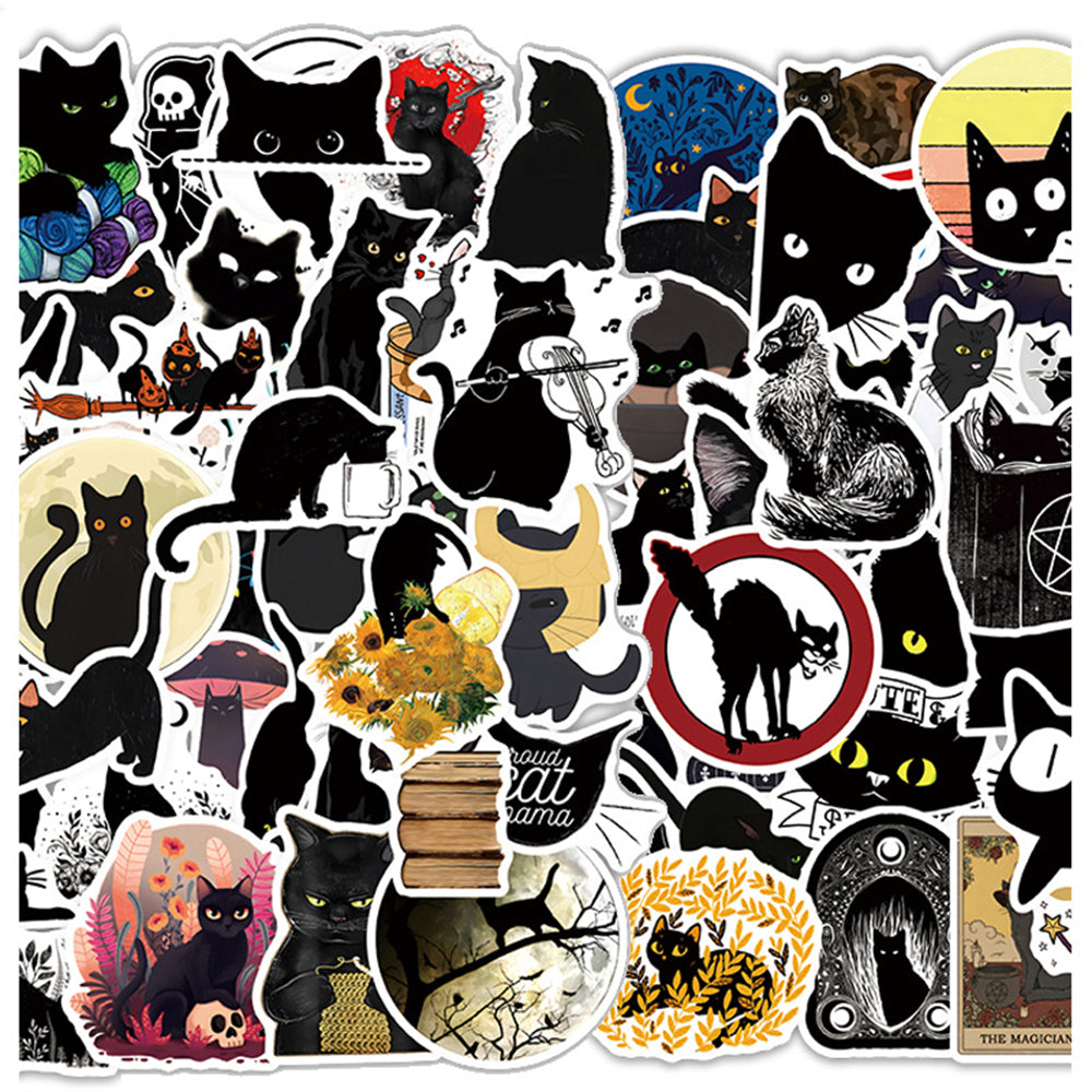 50PCS Cute Black Cat Stickers - Kawaii Animal Decals for Halloween, Laptops, Water Bottles & Witchy Aesthetic Gifts