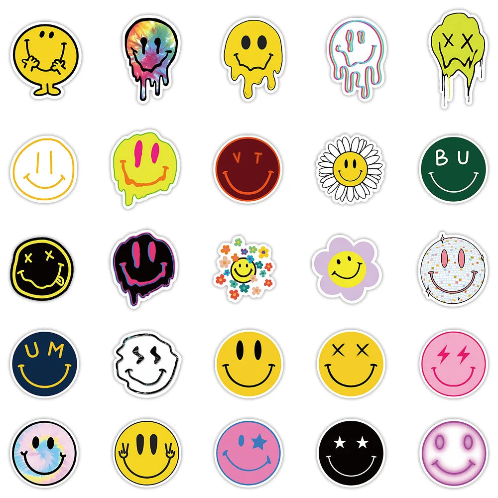 50PCS cartoon smiley face emoji graffiti stickers, personalized fashion and creative trend exquisite decorative stickers, luggage toys, laptops, ipads, skateboards, popular stickers