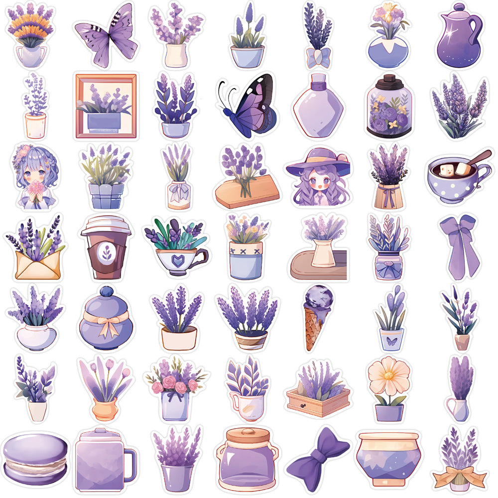 50PCS Lavender Daydream Stickers - Calming Purple Botanical Doodle Decals for Sleep Journals, Aromatherapy Planners & Anxiety Relief Kits