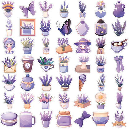 50PCS Lavender Daydream Stickers - Calming Purple Botanical Doodle Decals for Sleep Journals, Aromatherapy Planners & Anxiety Relief Kits