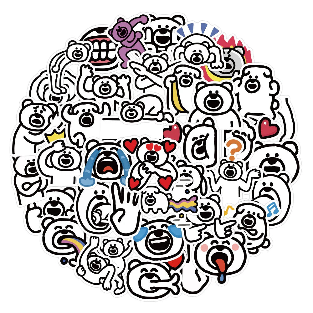 50PCS Cartoon Funny Excited Bear Creative Doodle Sticker Bicycle Skateboard Car Helmet Laptop Computer W