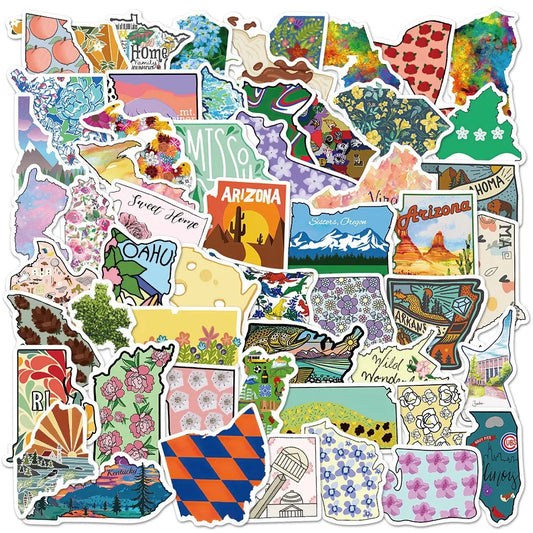 55PCS Colorful State Outline Graffiti Stickers Personalized Fashion Creative DIY Decorative Stickers Refrigerator Skateboards Water Cups Helmets Guitars Popular Decals Toys