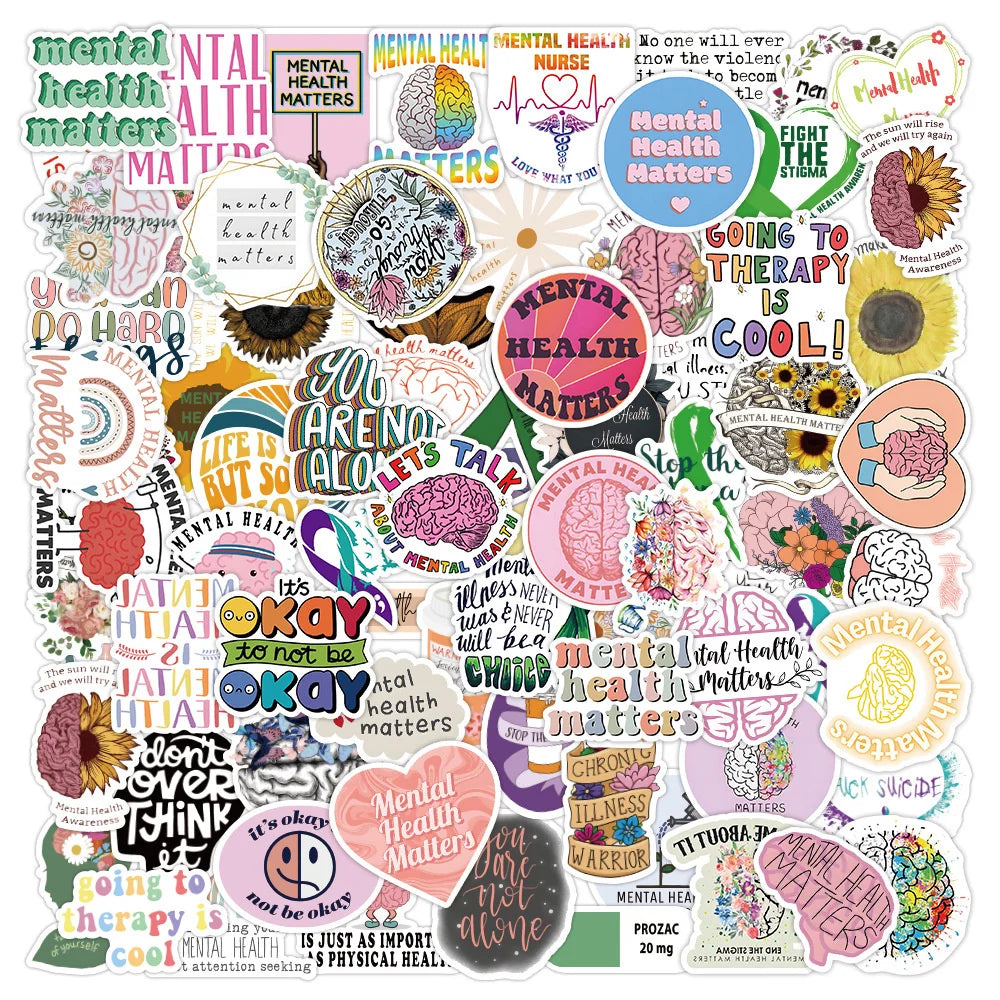 100PCS Mental Health Small Fresh Graffiti Stickers Personalized Fashion Creative DIY Trend Exquisite Decorative Stickers Water Cups Guitar Helmets Skateboards Popular Decals Toys