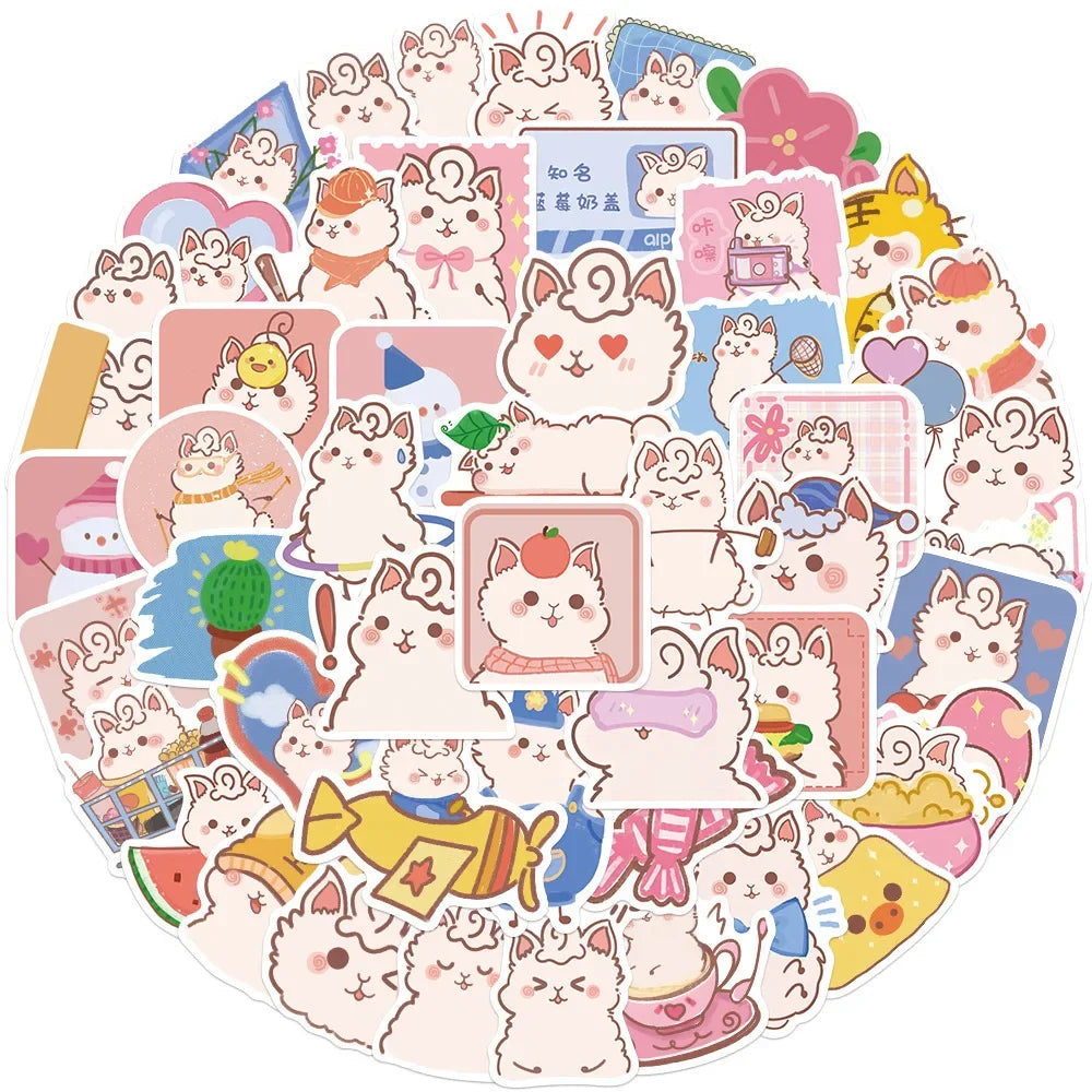 50pcs Hand-painted Cartoon Alpaca Personalized Trendy Water Cup Decoration Sticker, Computer Phone Case Bicycle